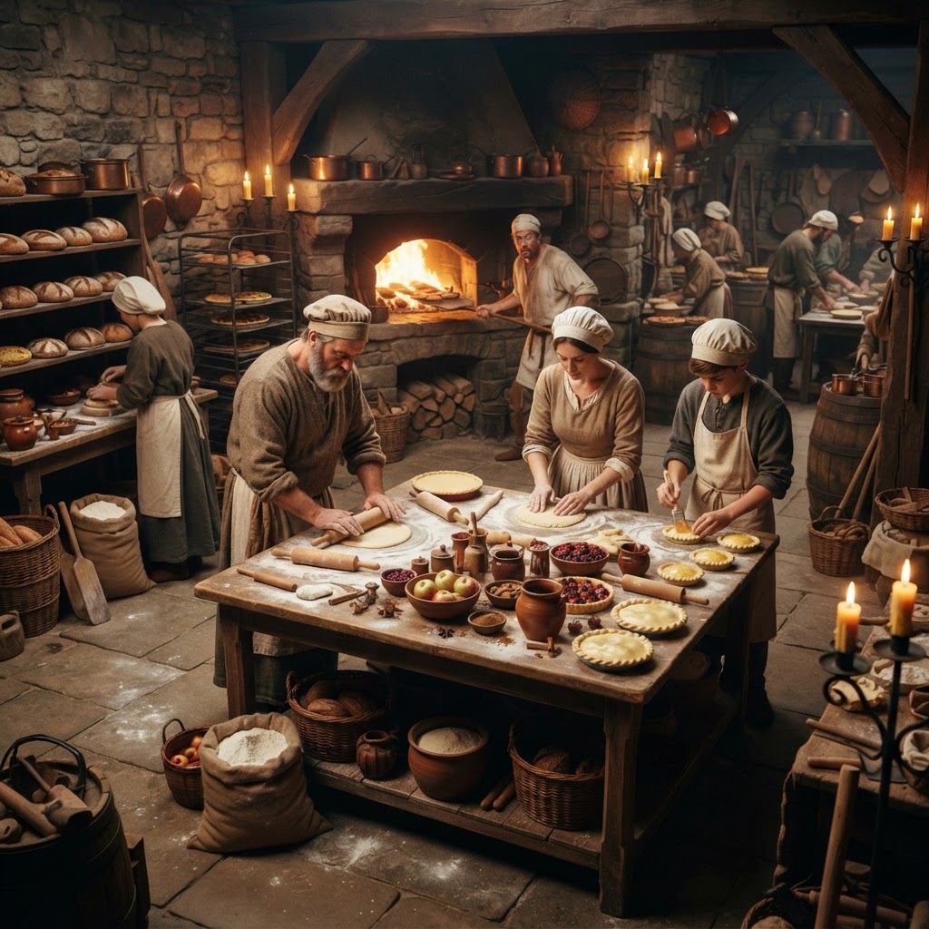 Medieval guild bakery with bakers crafting loaves and pies