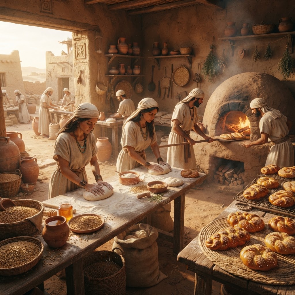 Ancient Egyptian bakers preparing loaves near clay ovens