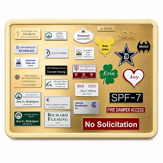 Customized name badges, luggage tags and equipment tags display board