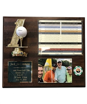 Customized hole-in-one golf plaque with golf ball holder and scorecard