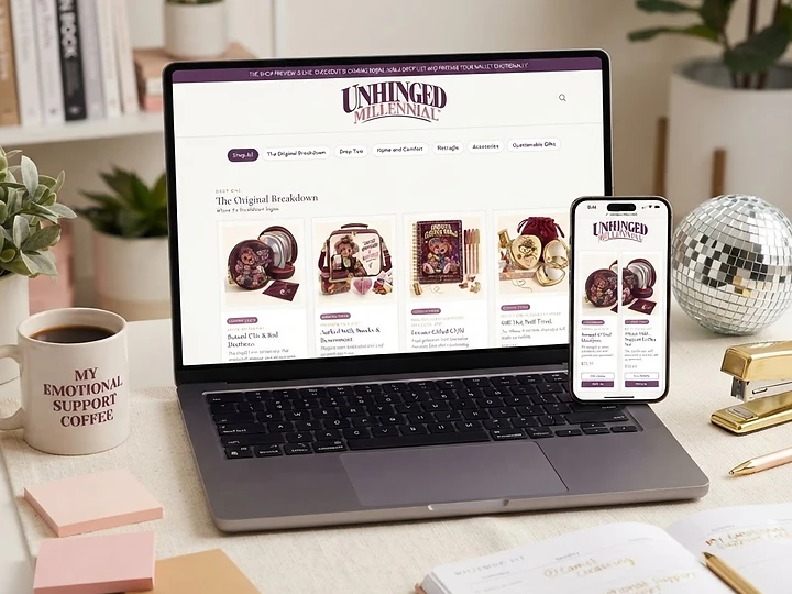 Unhinged Millennial website displayed on a laptop and smartphone in a styled creative office with plum, blush, cream, and gold accents, designed by Stone + Grain Studio.