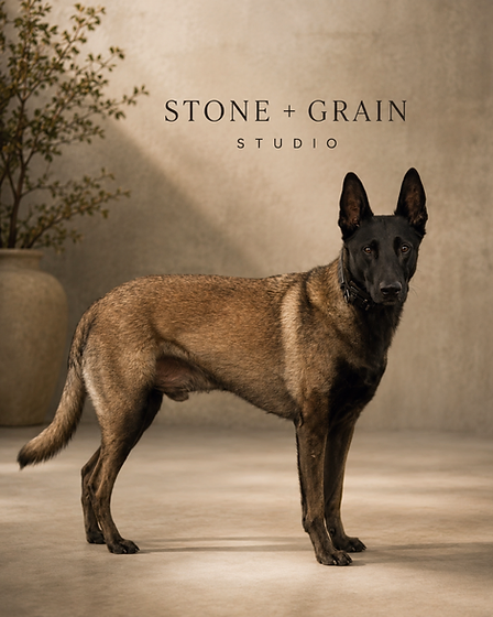 Dante, the Stone + Grain Studio companion, standing in the studio.