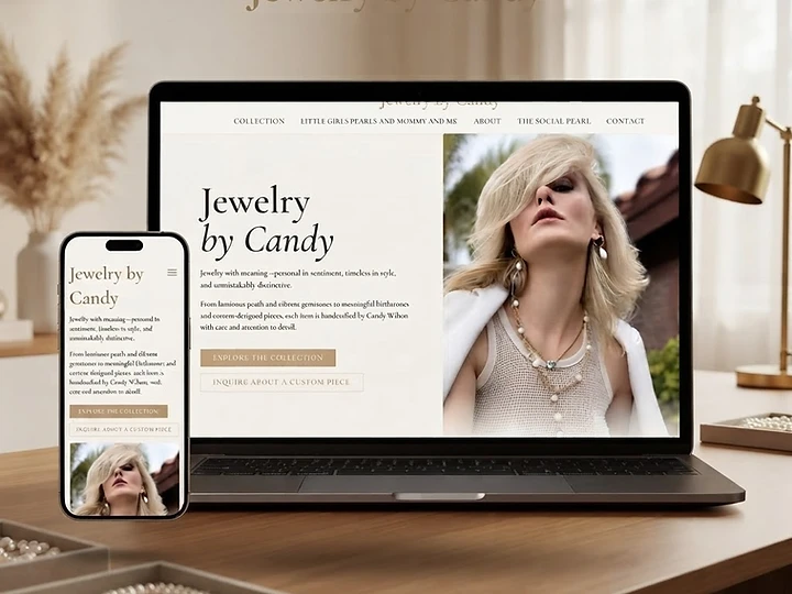 Jewelry by Candy website displayed on laptop and mobile devices in a boutique studio office, designed by Stone + Grain Studio.