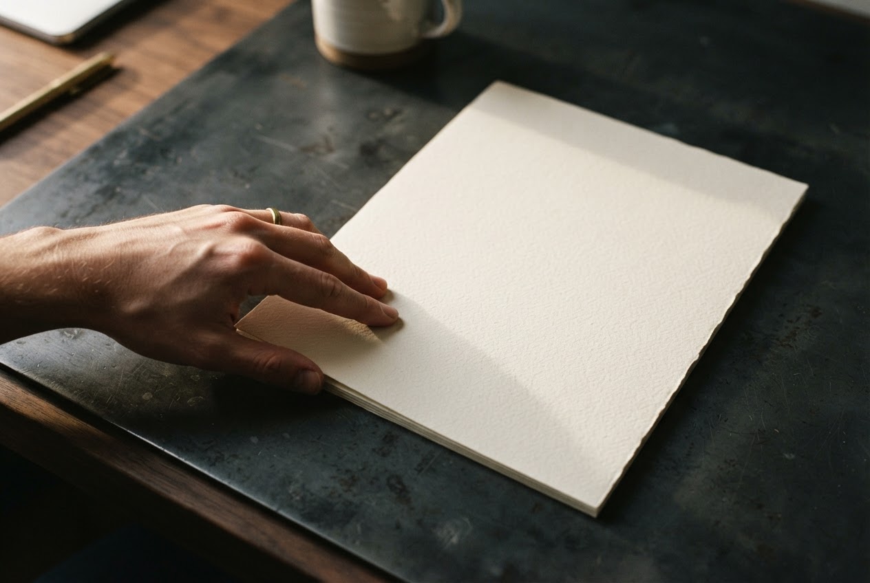 A designer's hand holding heavy paper stock against a steel desk