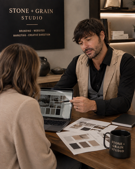 Stone + Grain Studio founder reviewing creative work in the studio.