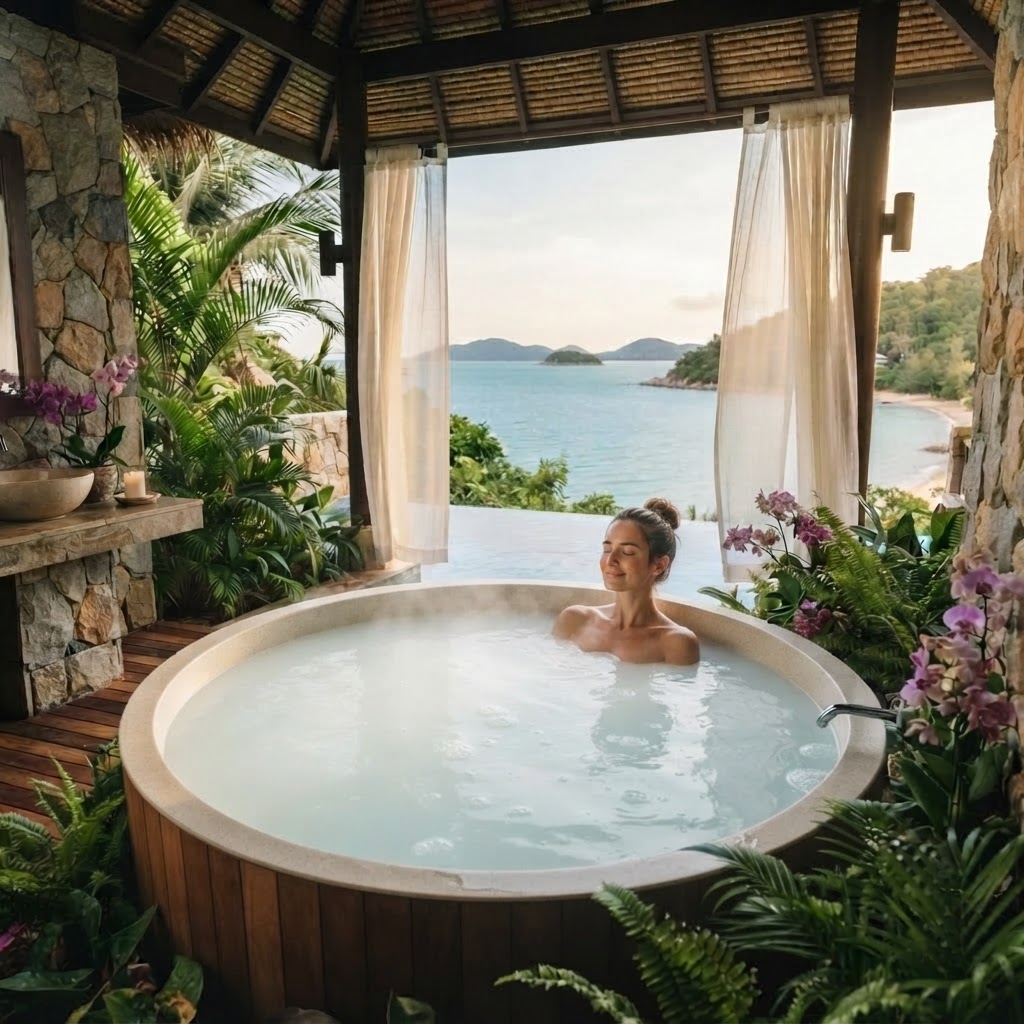 Milky white H₂ spa bath with hydrogen water at a tropical five-star resort