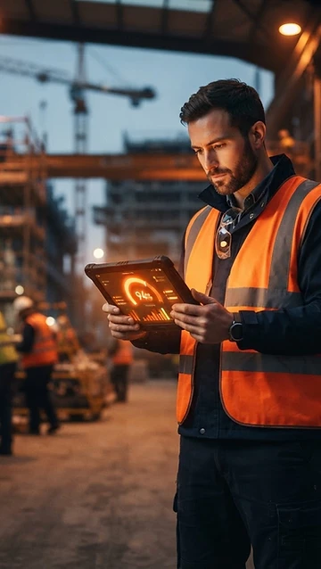 Consultant reviewing a compliance score on a tablet
