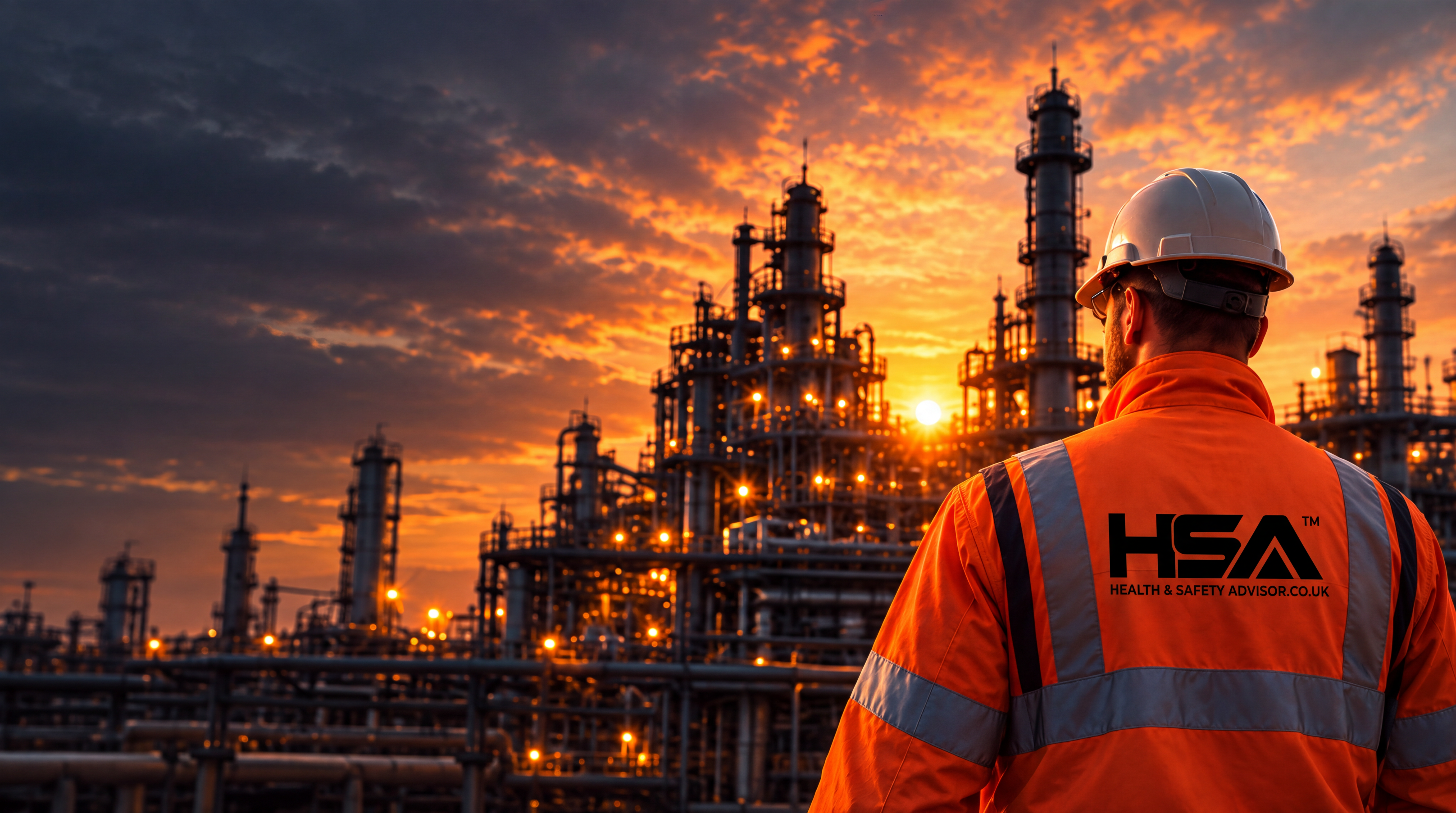 Safety professional in orange hi-vis and white hard hat overlooking a refinery at sunset