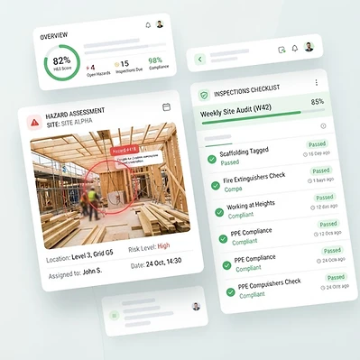 Compliance dashboard with hazard assessments, inspections and actions