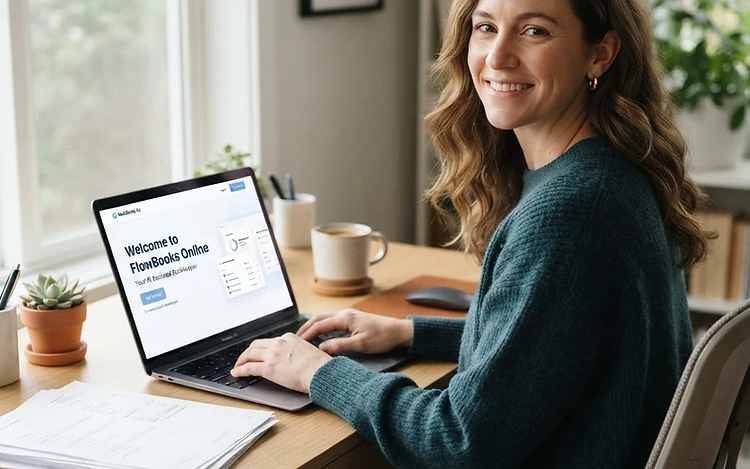 A woman smiling while working on a laptop at a clean home-office desk, with a cup of coffee and a neat stack of financial documents nearby.