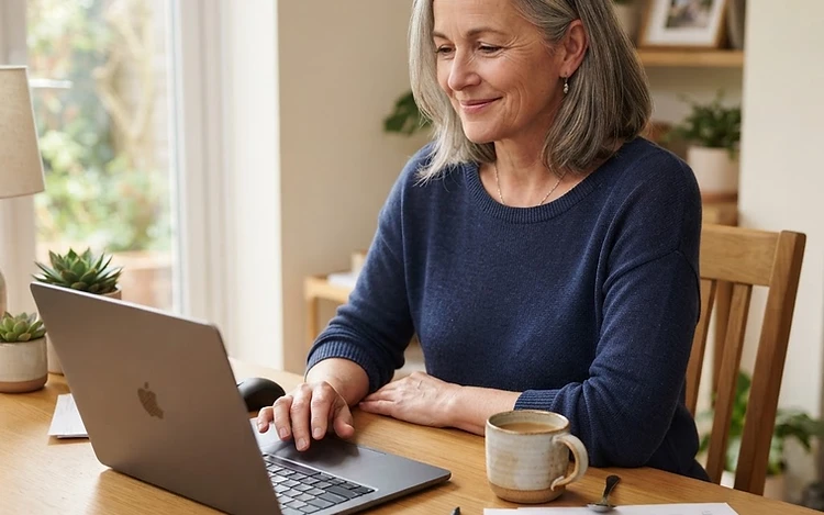 A woman in her fifties working peacefully at a bright home-office desk with a laptop and a cup of coffee.
