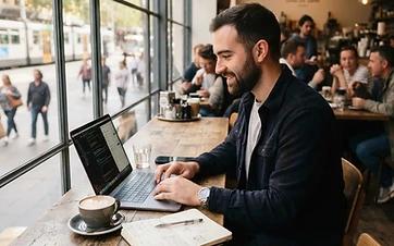 A freelancer, a man in his late twenties, working on a laptop at a bright coffee shop table.