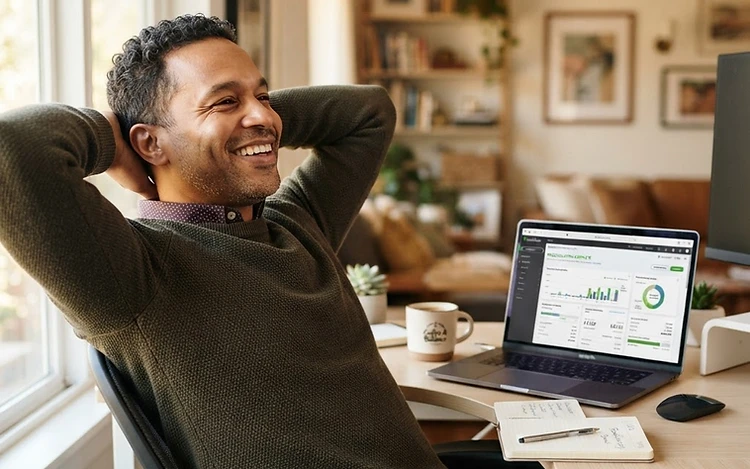 A relaxed small-business owner working comfortably on a laptop at a clean desk.
