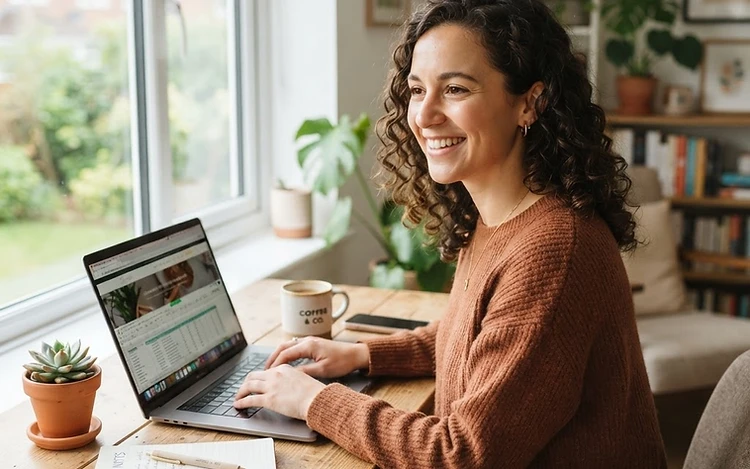 A friendly small-business owner, a woman with curly dark hair, smiling while working on a laptop in a bright home office.