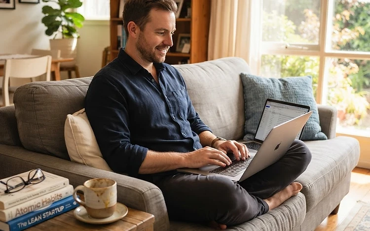 A business owner comfortably working on a laptop on a couch in a bright home living room.