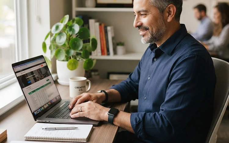 A man in his forties smiling while interacting with a laptop at a tidy small-business office desk.