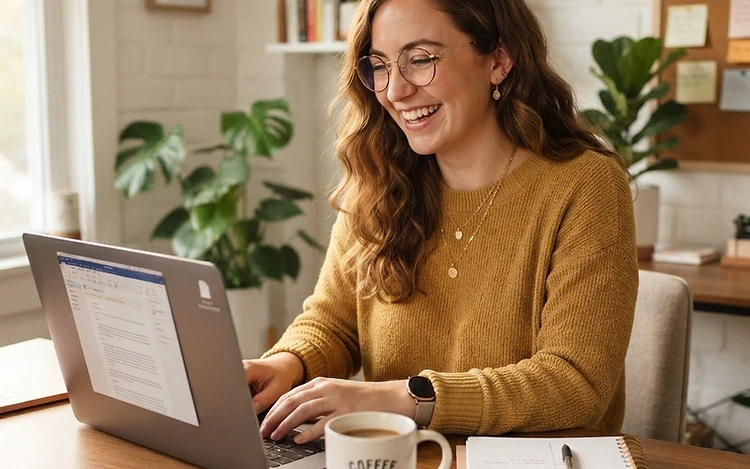 A happy business owner smiling while using a laptop at a tidy office desk.
