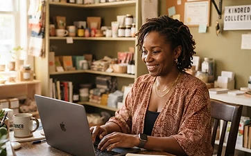 A small-business owner, a Black woman in her forties, working on a laptop in the back office of her shop.
