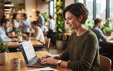 An entrepreneur, a woman in her forties, working on a laptop in a bright coworking space.