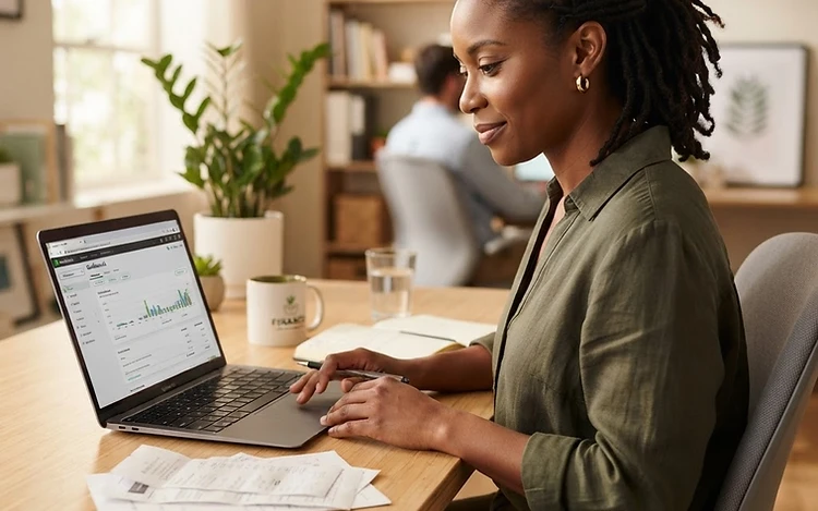 A business owner confidently reviewing financial information on a laptop with a neat stack of receipts beside her.