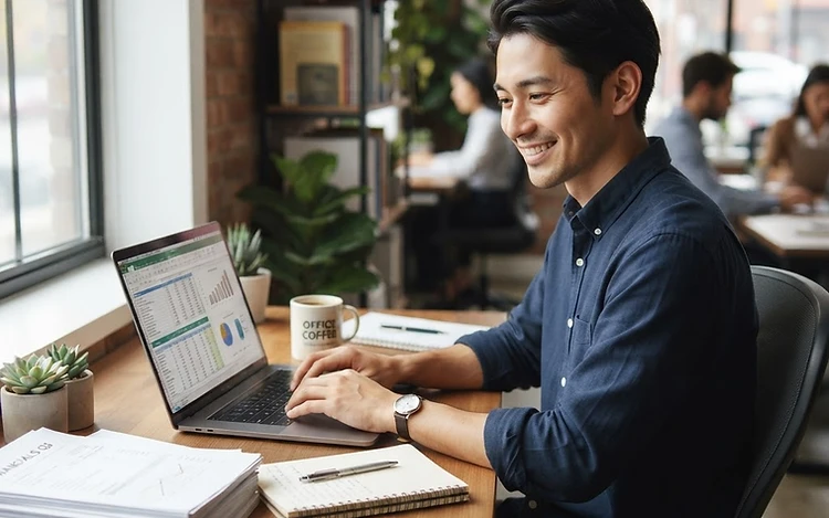 A man in his thirties calmly organizing financial documents at a clean modern office desk.