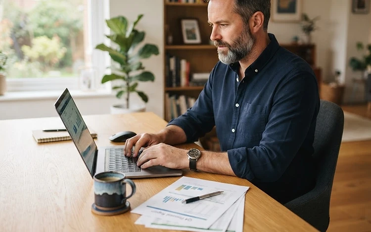 A business owner working on a laptop at a clean desk with a small organized stack of papers and a cup of coffee.