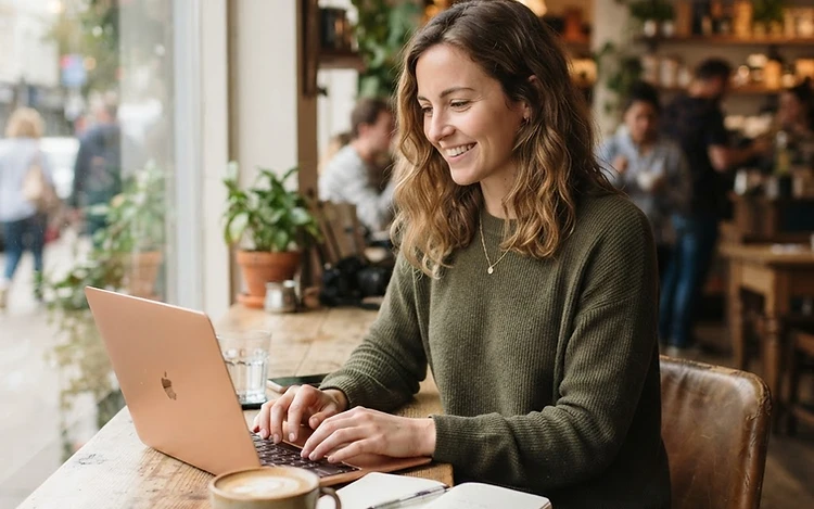 A freelancer smiling while working on a laptop at a bright coffee-shop-style workspace near a window.