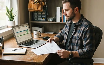 A self-employed contractor, a man in his thirties, reviewing documents on a laptop in a home office.