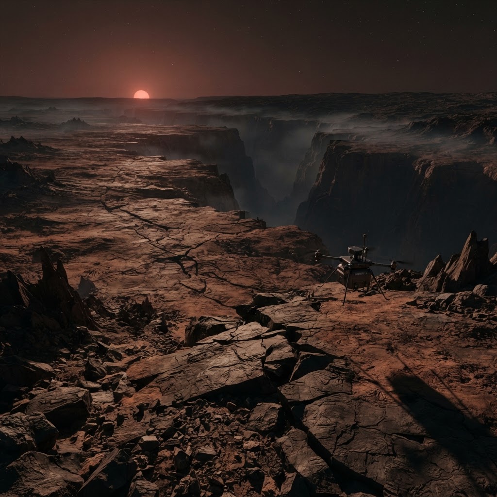 Cinematic plate of Erebus-IV: Preliminary Survey Record (Wolf 1061 System, 4th Orbit)