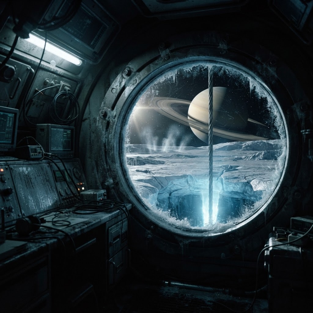 Cinematic plate of Deployment Log: Acoustic Node One, Melt Station Sierra, Enceladus South Polar Ice Sheet