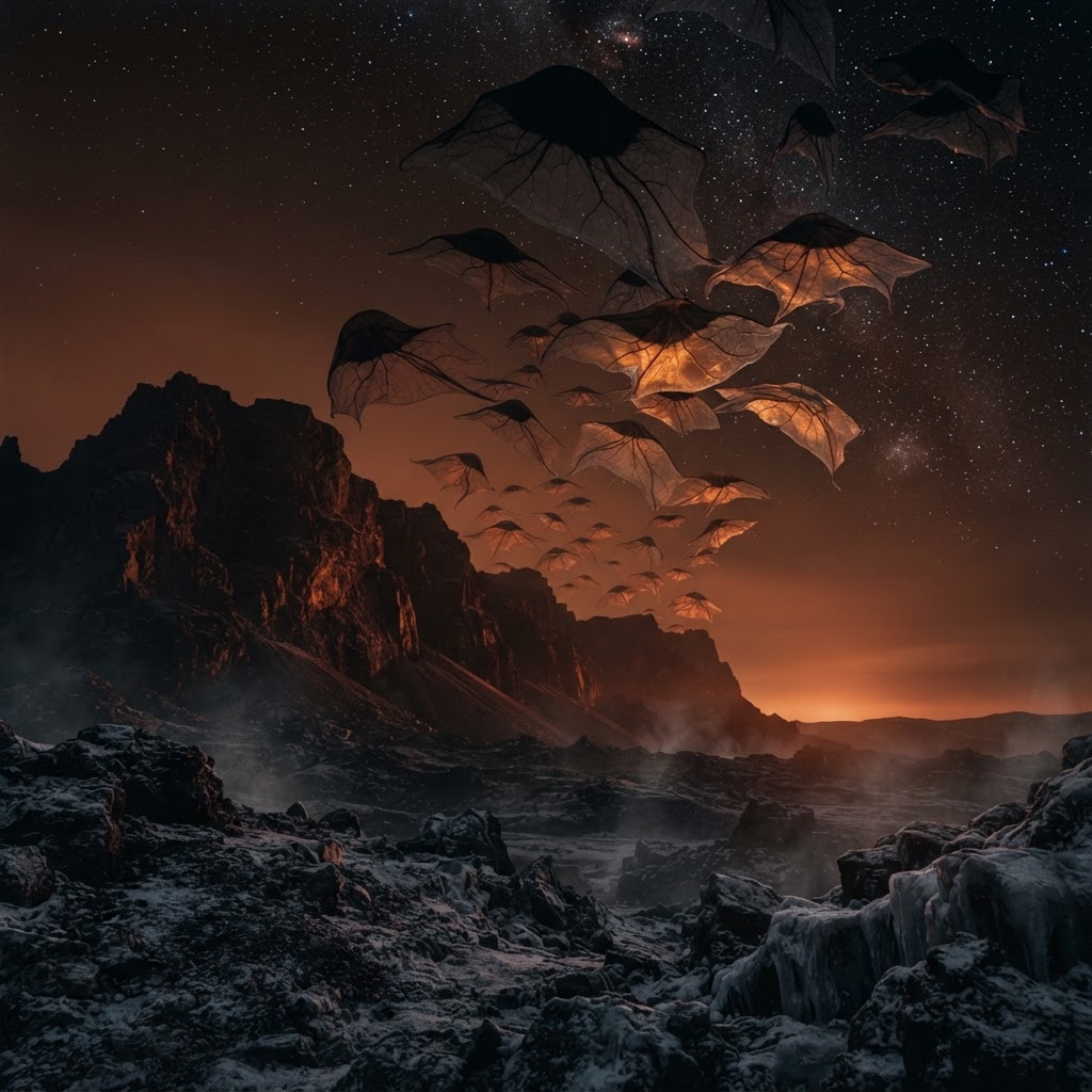 Cinematic plate of Erebus-IV Ridge Gliders: Lifeform Survey Filing (Wolf 1061 System, 4th Orbit)