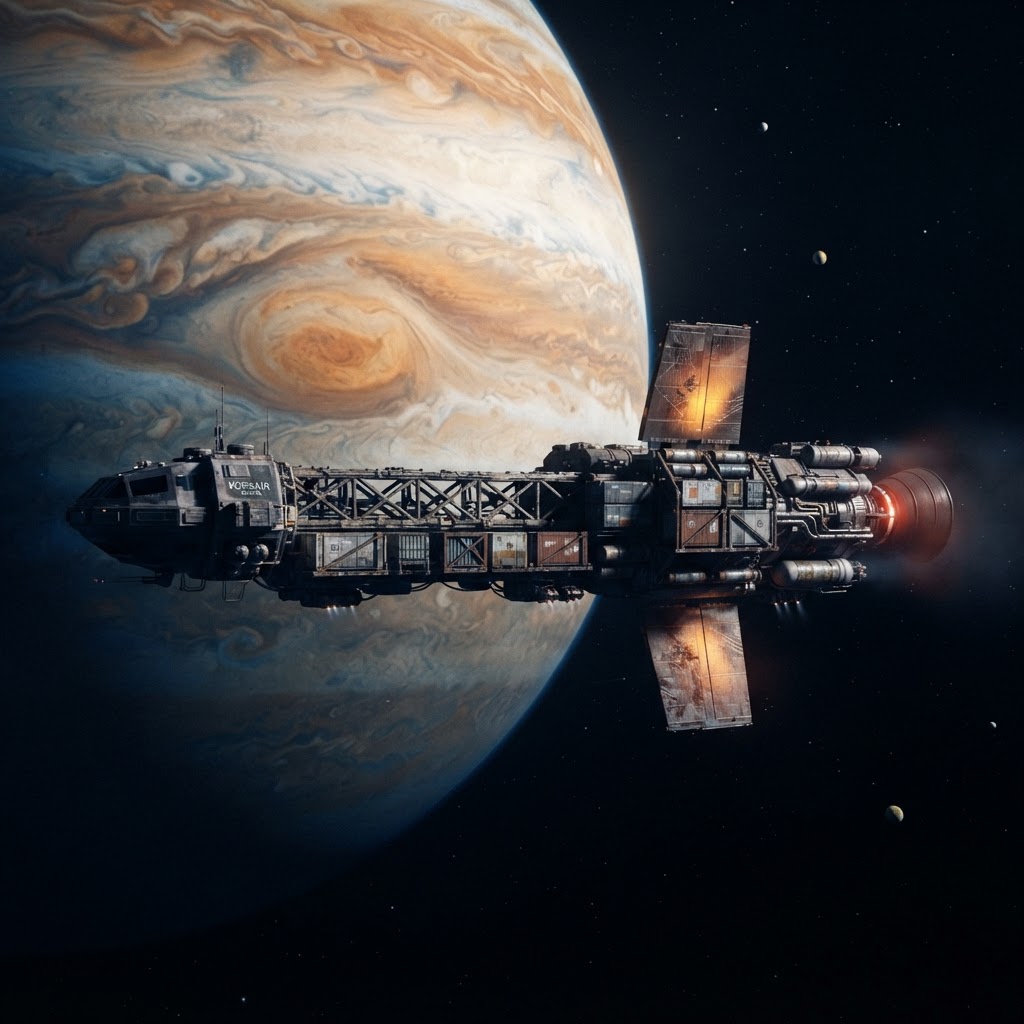 Operational photograph of ICV Meridian, exterior. Interplanetary Cargo Vessel, Ceres-built, commissioned 2183
