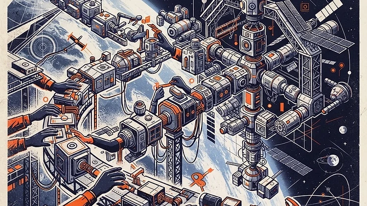 Duotone plate of many hands assembling a growing space station, symbolizing open collaboration