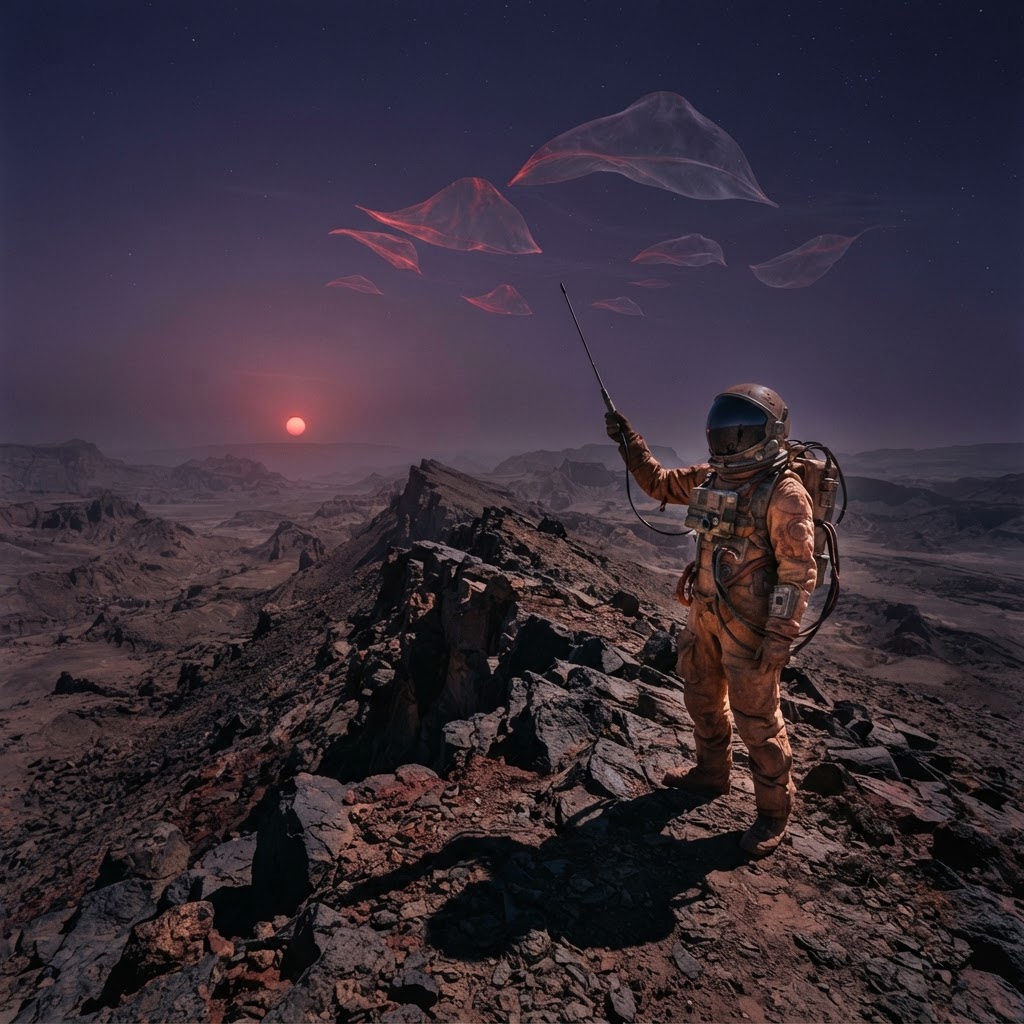 KESTREL-9, planetary survey technician (Grade 3, R2 certification), conducts spectrometric sampling of indigenous ridge glider organisms along the equatorial escarpment of Erebus-IV during local dawn, Wolf 1061 system, 2030.