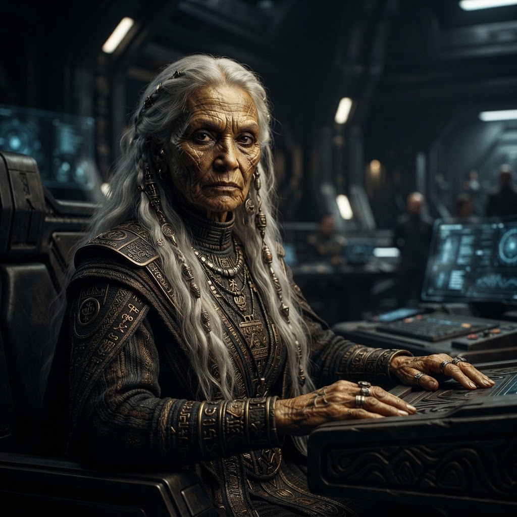 Official Council portrait of Enki Astaroth, Senior Custodian of Ancestral Knowledge