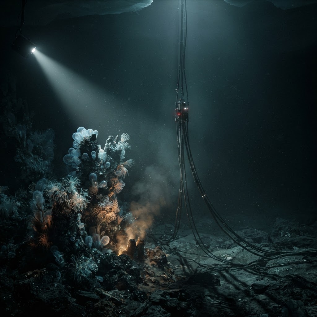 Cinematic plate of Enceladus Deep Chorus (Vent Field 7 Distributed Chemosynthetic Collective)