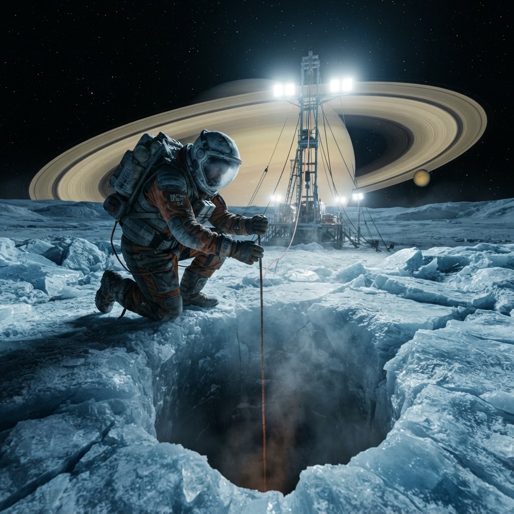 Survey technician MERIDIAN (call sign) guides an acoustic node tether into a melt bore on the Enceladus south polar ice sheet during a scheduled polar night survey rotation, 2030.