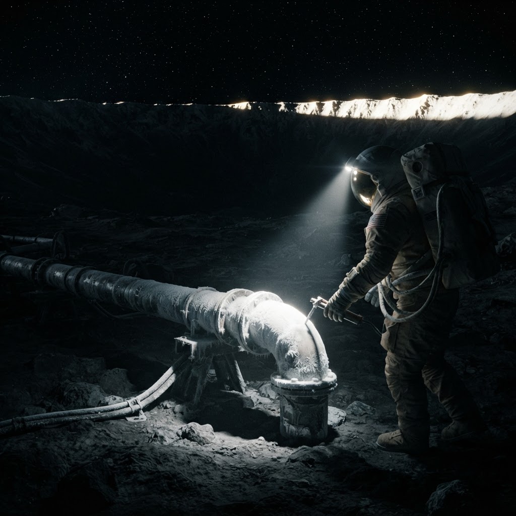 Cinematic plate of Mission Log: Shackleton Crater Water Extraction Facility, Sublimation Line 3 Freeze Event, Second Watch