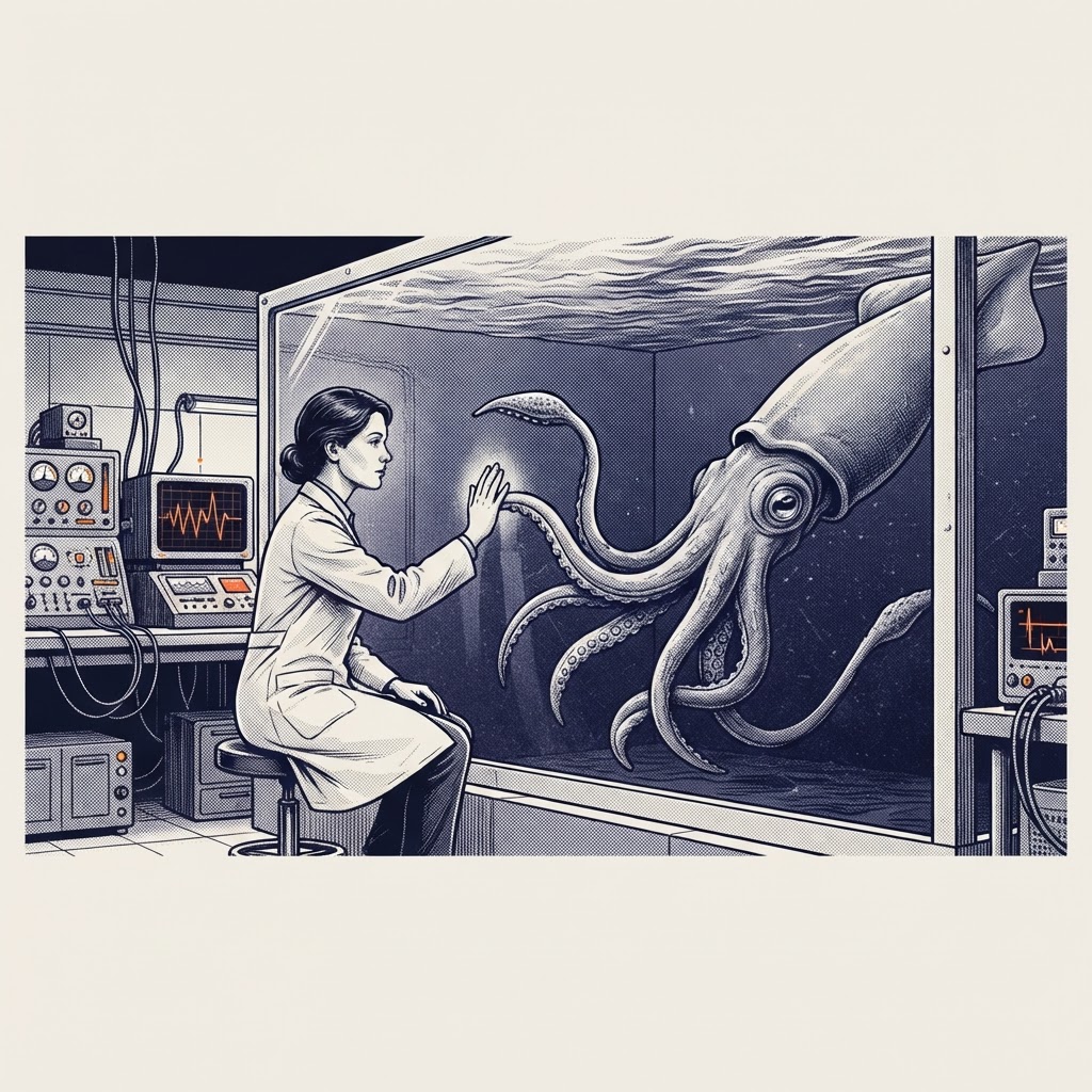 An intelligent squid and a human researcher attempting communication through aquarium glass