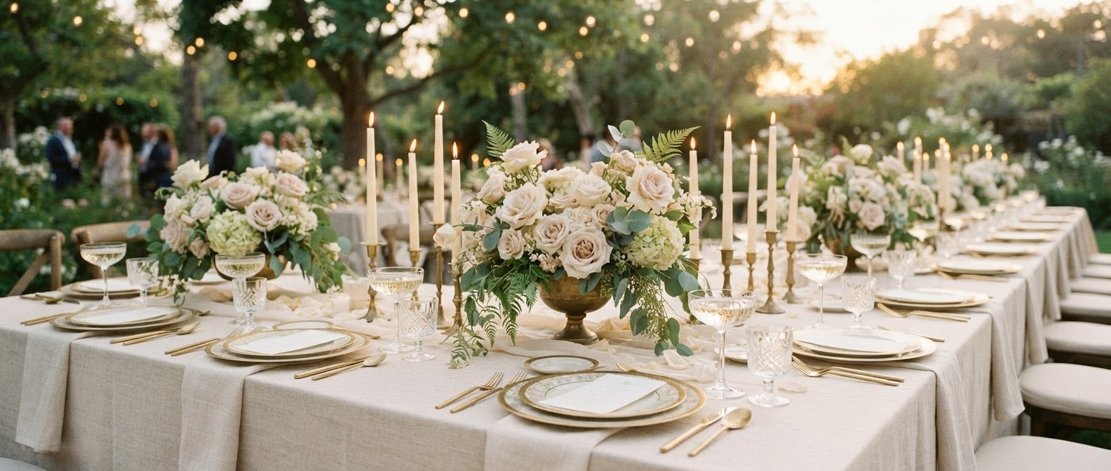 An elegantly set event table at golden hour