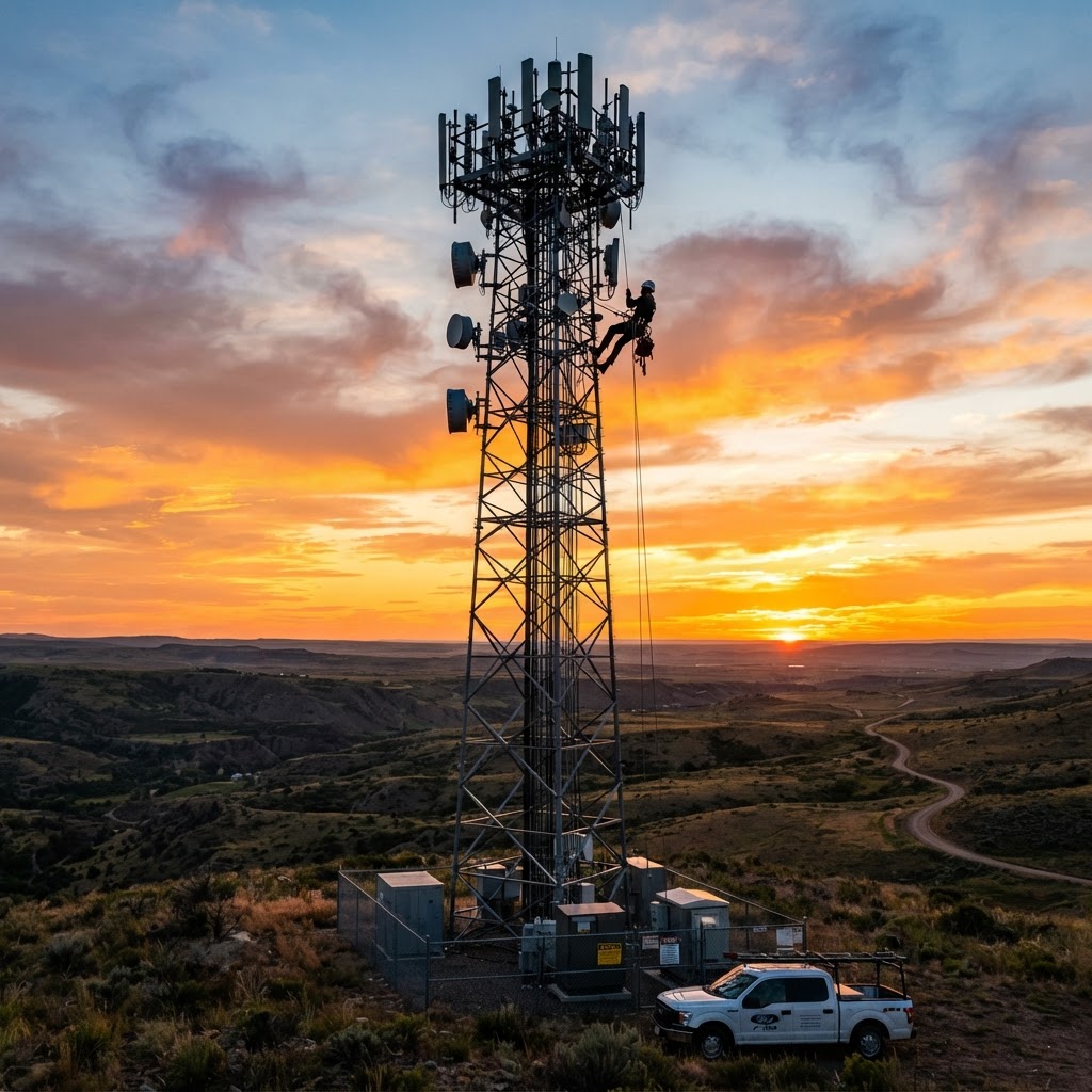 Telecommunications tower at sunset