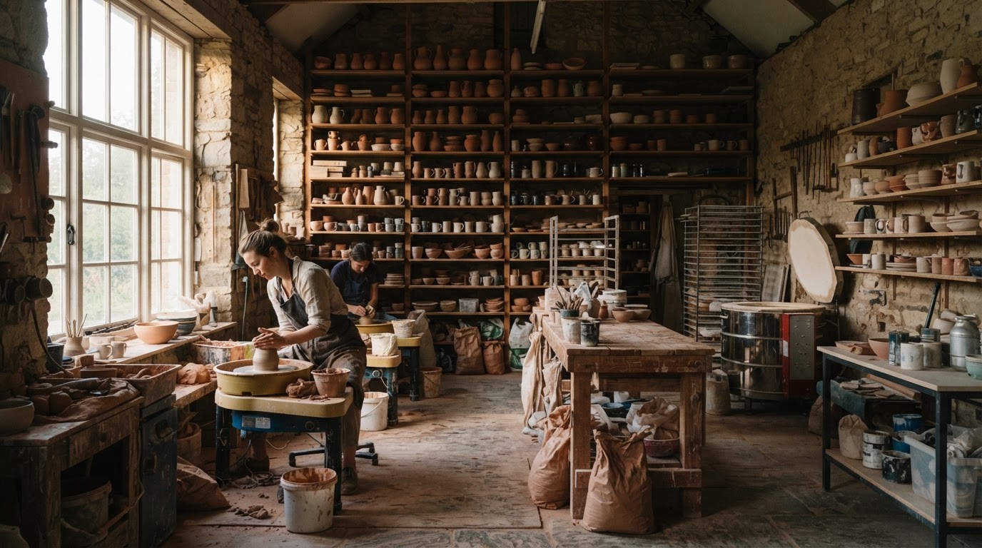 Artisan's ceramic studio with pottery wheels and shelves of drying vessels
