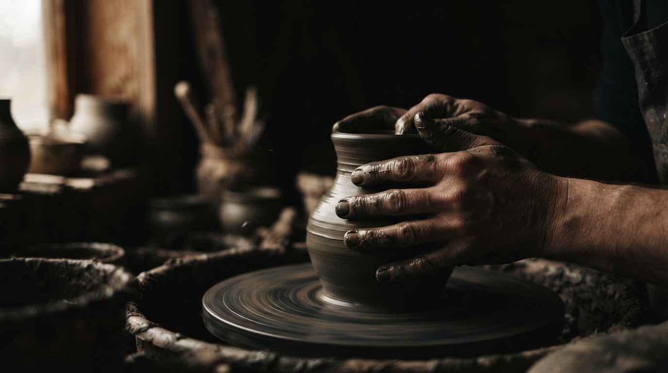 Artisan potter shaping clay on a pottery wheel