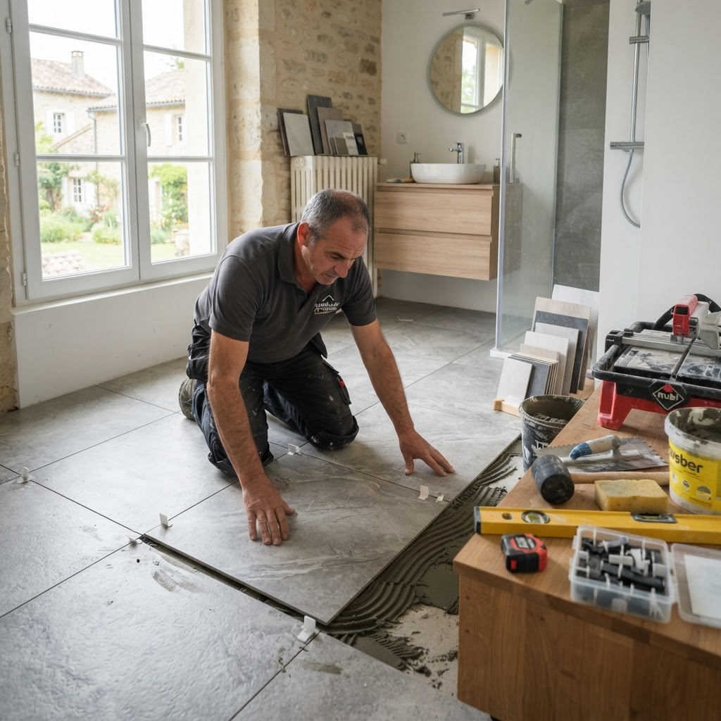 Artisan carreleur posant du carrelage dans une salle de bain moderne à Besançon
