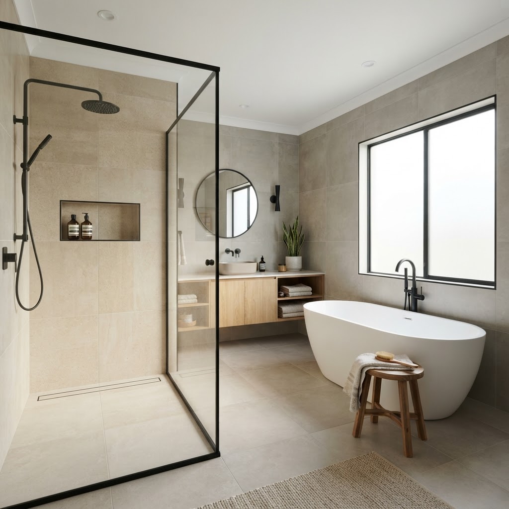 Salle de bain moderne avec carrelage posé par un professionnel à Pontarlier