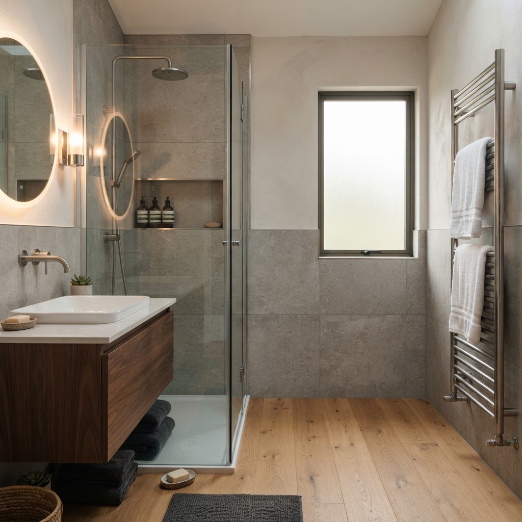 Salle de bain moderne entièrement rénovée avec douche à l'italienne et meuble vasque en bois à Pontarlier