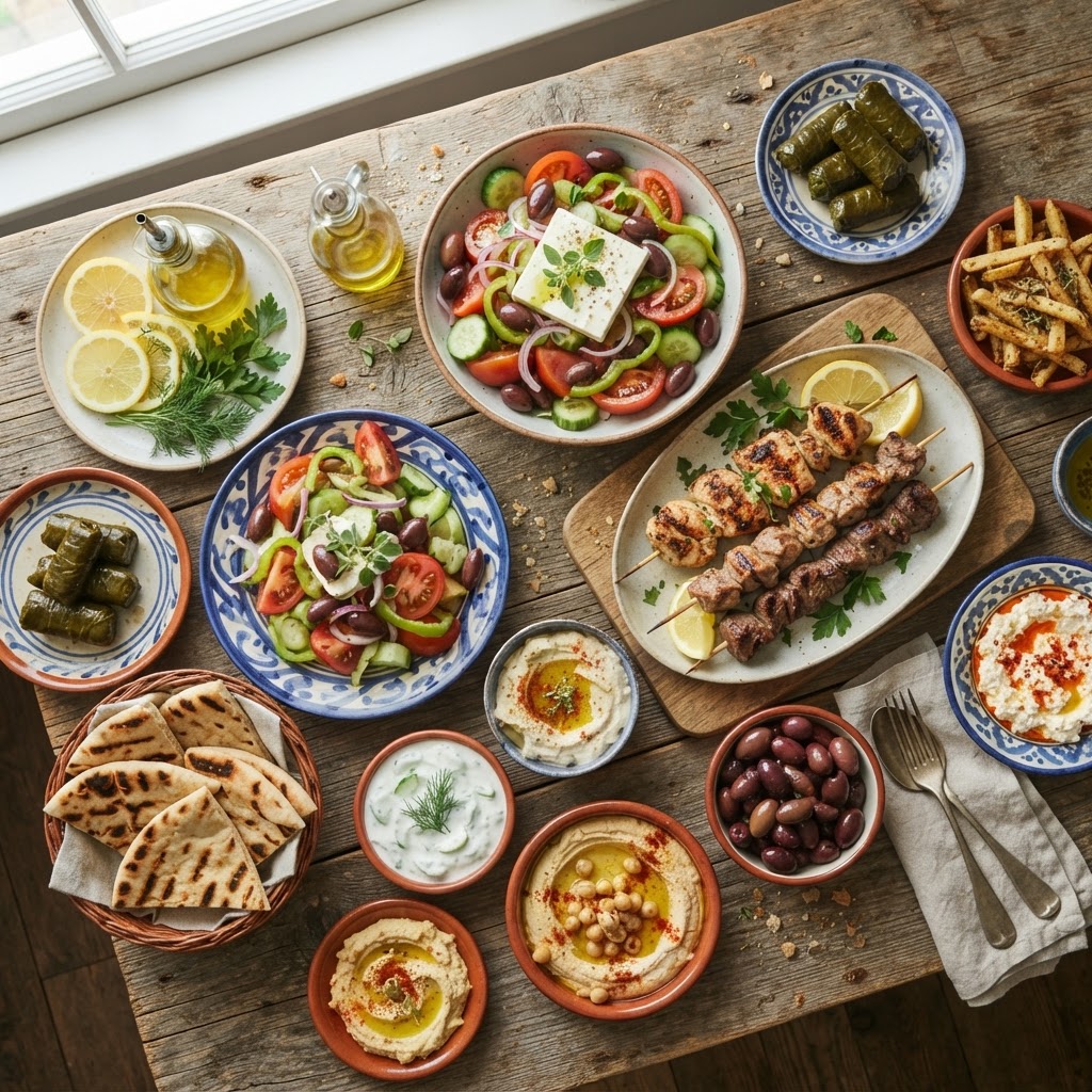 Fresh Greek food spread for catering