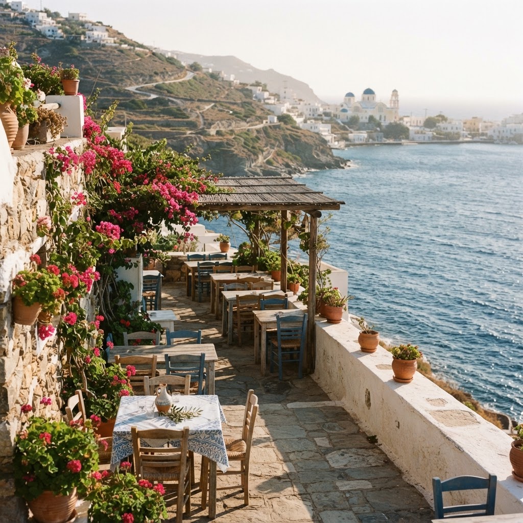 Sun-drenched Greek taverna terrace overlooking the Aegean Sea