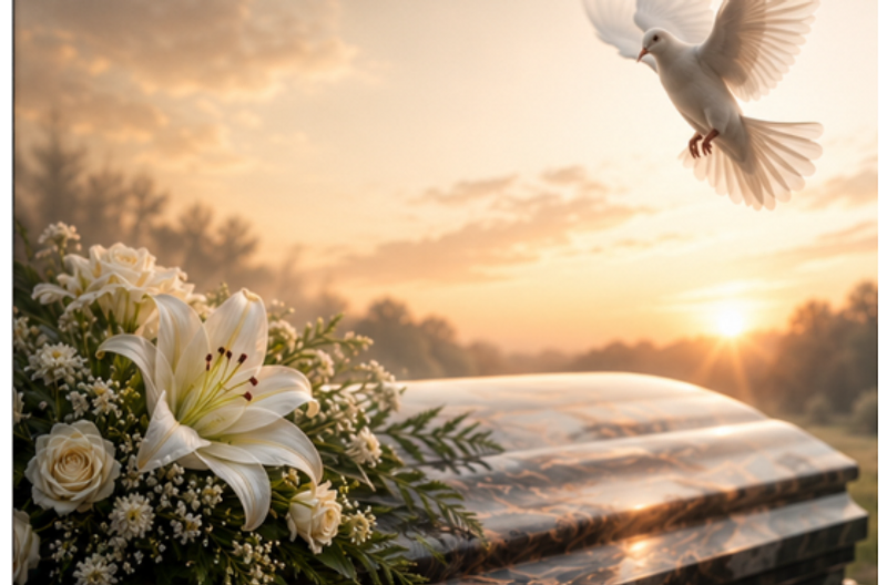 A memorial casket adorned with white flowers at golden sunset with a dove in flight