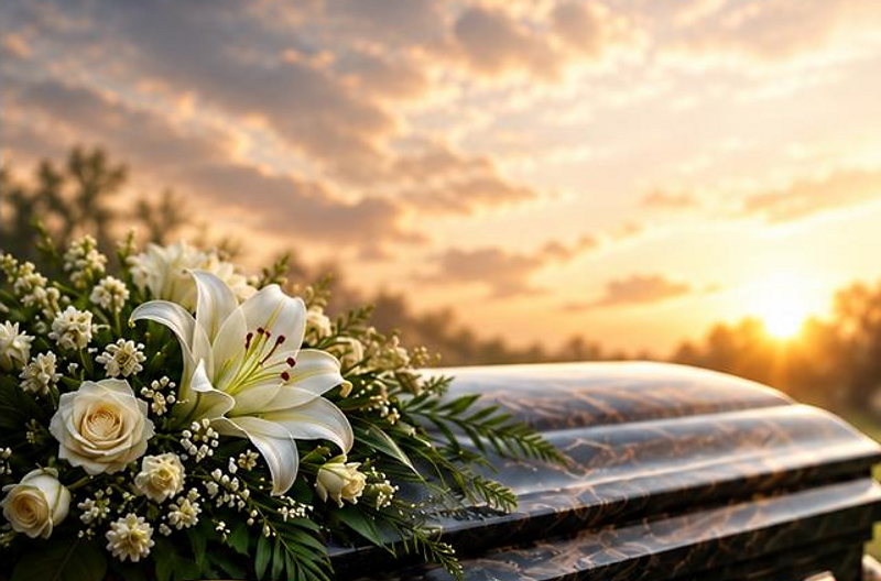 A polished memorial casket with white lilies and cream roses at golden sunset